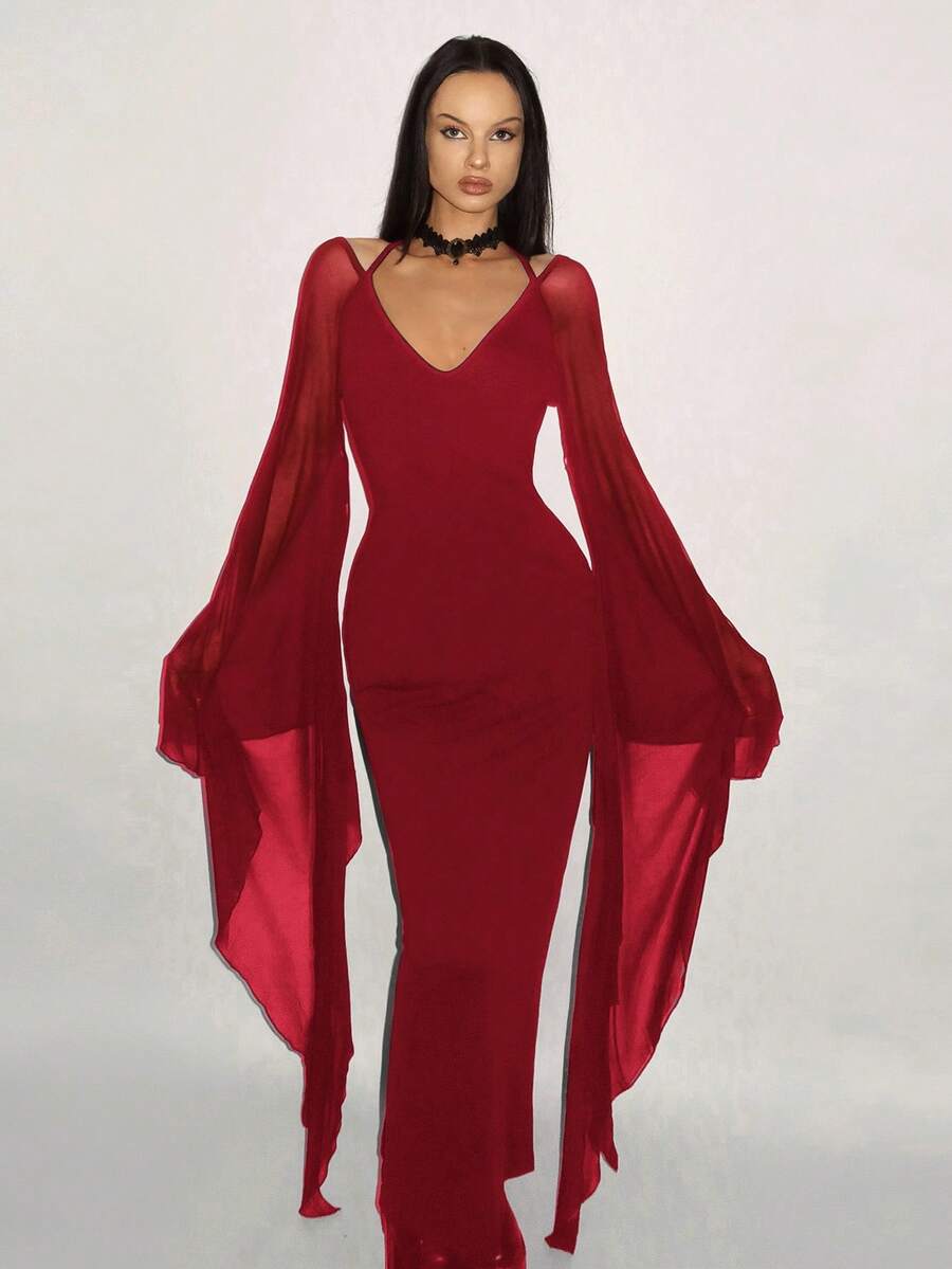 SHEIN ICON Fitted Mesh Exaggerated Batwing Sleeve Bodycon Dress Long Red Dress - Burgundy - View 1