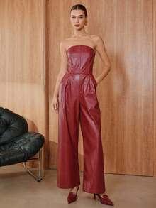 SHEIN Unity 休闲纯色 PU 皮革抹胸阔腿女式连体裤 - 紅色 - 查看 3