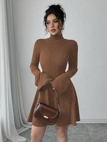 Elenzga Women's Casual Mid-Length Dress, Long Sleeve, 2 In 1, Faux Shirt Collar, Half-Placket, Patchwork Pockets, Cuffs & Hem, Color Block In Apricot & White, Autumn/Winter