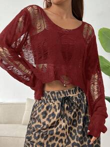 SHEIN EZwear 休闲不对称破洞女式毛衣 - 酒紅色 - 查看 6