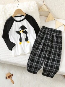 SHEIN 2pcs/Set Kids/Young Boys Cartoon Penguin Contrast Color Raglan Sleeve T-Shirt & Plaid Pattern Pants Casual Comfortable Pajama Set Fall Winter