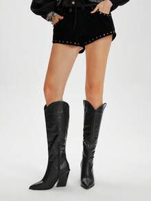 Styleloop Women's Black Patchwork Tall Boots, Western Style Stacked Heel Pointed Toe Boots - Black - View 3