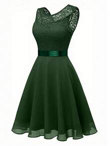 Olithes Women's Sleeveless Pink Lace Dress, Summer - Dark Green - View 3