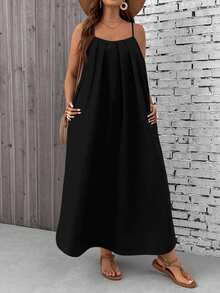 EMERY ROSE 加大码纯黑色露背度假风宽松舒适连衣裙、沙滩裙、太阳裙、波西米亚度假装 - 黑色 - 查看 5