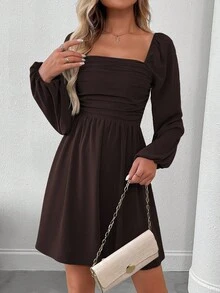 EMERY ROSE Vestido mini de mujer de unicolor con cuello cuadrado, mangas farol y drapeado de moda - Marrón Chocolate - Ver 4