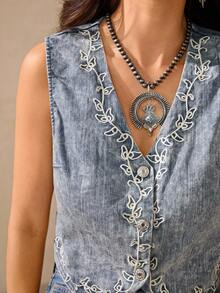 Wildy 夏季上衣 秋季乡村时尚女装 春季白色刺绣浪漫约会背心式衬衫 女式刺绣牛仔上衣 女式牛仔上衣 西部牛仔上衣 女式牛仔上衣 牛仔背心 时尚秋季 - 藍色 - 查看 7