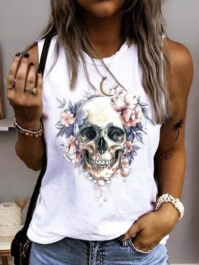 EMERY ROSE Casual And Simple Skull Head Watercolor Floral Pattern Loose-Fit Sleeveless Tank Top For Women, Suitable For Summer Back To School,Casual