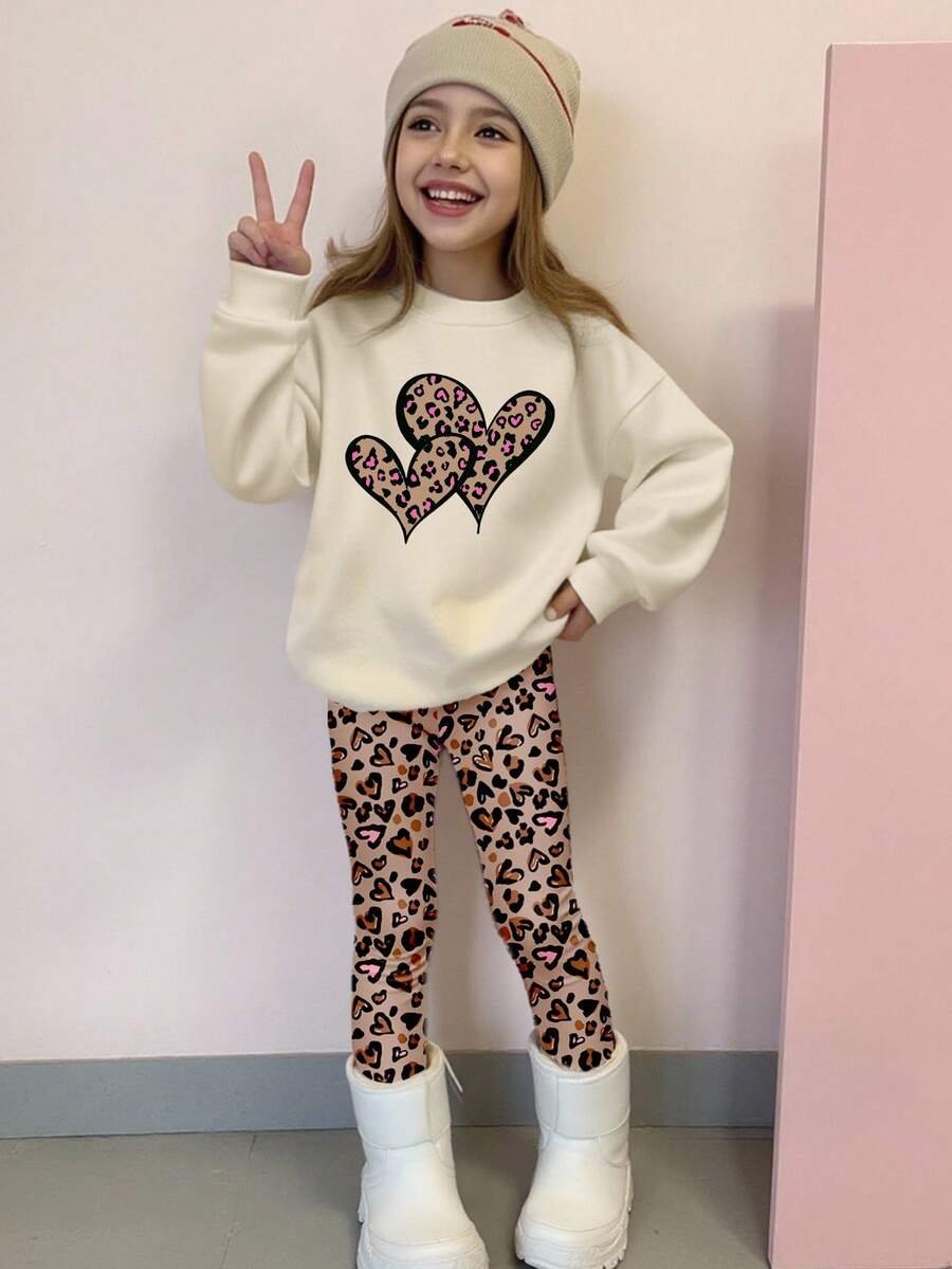 SHEIN 女孩休闲时尚创意秋季卡通可爱豹纹心形图案印花套头衫和紧身裤两件套 - 彩色 - 查看 1