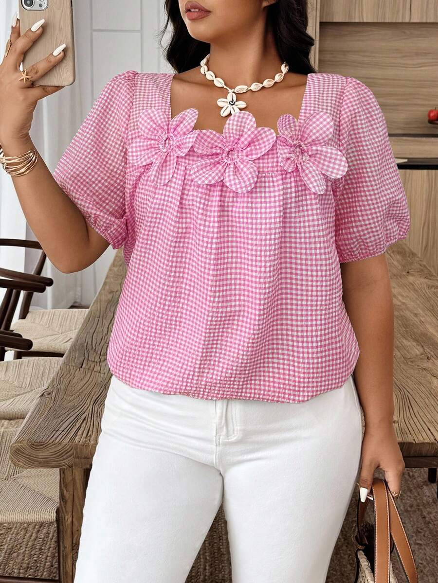 Weeklong 大码格子方领3D花卉装饰衬衫 - 玫紅色 - 查看 1