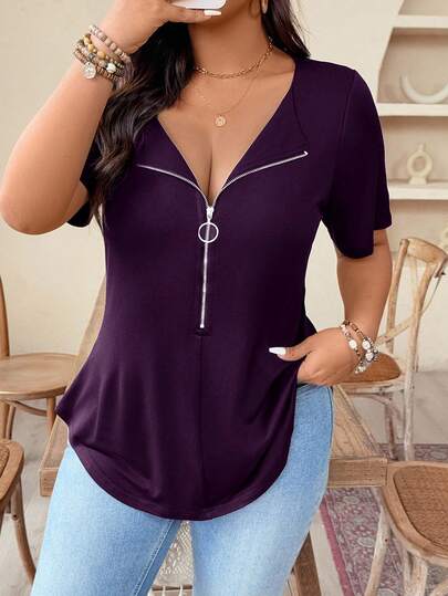 Weeklong Plus Size Women V-Neck Solid Color Zip-Up Short Sleeve Fitted T-Shirt, Going Out Tops For Summer
