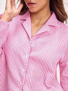 LOUNGEISTA Conjunto de pijama de 2 piezas para mujer con blusa de manga larga con botones a rayas y pantalón con cordón, ropa de otoño - Rosa Fucsia - Ver 8