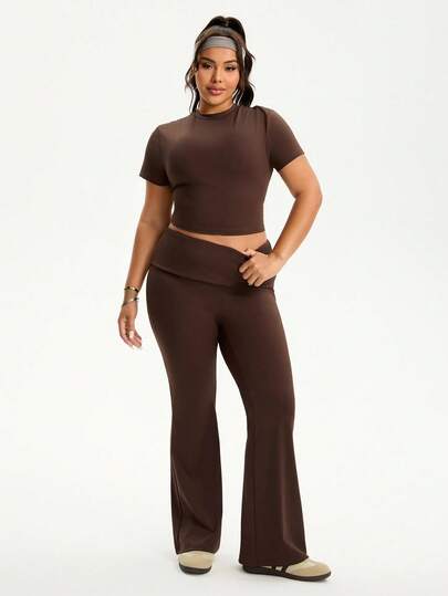 Rhythm Era Women's Spring/Summer Round Neck Fitted Short Sleeve Top & Flared Hem Fitted Pants 2 Pieces Sportswear Casual Outfit, Plus Size Workout Sets