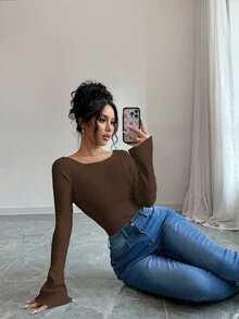 Elenzga 1 件女式露肩喇叭袖修身毛衣 - 咖啡棕 - 查看 5