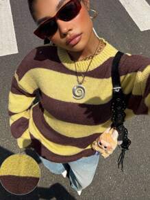 Muchica Fall Women Clothes Korean Style Women's Casual Loose Fit Drop Shoulder Pullover Sweater Brown And Yellow Striped Sweater