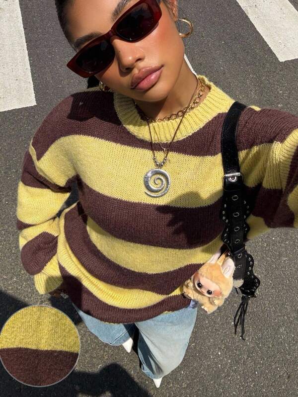 Muchica Fall Women Clothes Korean Style Women's Casual Loose Fit Drop Shoulder Pullover Sweater Brown And Yellow Striped Sweater