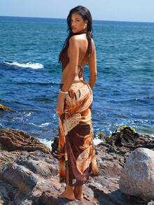 Opulessa 1 Set Women Solid Color Knit Halter Backless Top And Knit Mesh Printed Low Waist Fitted Mermaid Hem Skirt, Beach Outfit Two Piece Maxi Skirt Set Beach Maxi Dress Floral Maxi Skirt Floral Two Piece Set Strapless Maxi Dress