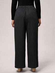 SHEIN Tall CURVE 大码休闲宽松条纹阔腿裤商务休闲女装，适合秋冬季 - 粉色 - 查看 2