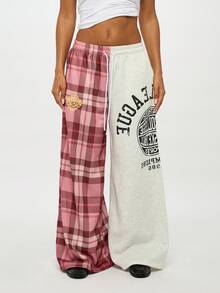 SUMWON WOMEN Pantalón de chándal con estampado de cuadros de colores en bloque, gráficos de estilo universitario y cintura con cordón para comodidad casual - Multicolor - Ver 3