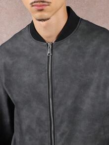 SUMWON Crop Fit Premium Faux Suede Bomber Jacket With Ribbed Collar Classic Modern Design Zip Front Casual Streetwear Fall Winter - Black - View 3