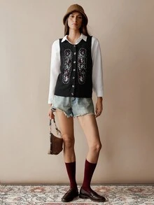 Florisole 女士波西米亚针织毛衣背心，秋冬 - 黑色 - 查看 3