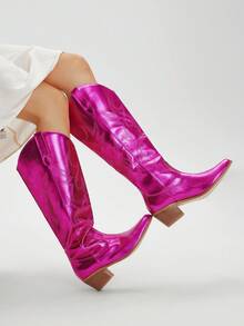 Styleloop Giày bốt cao bồi miền Tây màu đỏ tía, giày bốt cao đến giữa bắp chân thời trang dành cho nữ, thích hợp cho Giáng sinh, tiệc năm mới, đêm hẹn hò, Halloween - Màu Đỏ Sâu - Xem 3