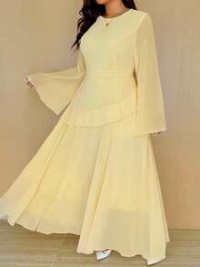 Vionelle Plus Size Women Elegant Romantic Solid Color Dress Fall Cloth For Women Chiffon Dresses For Women Modest Dress Lemon Dress Women Light Yellow Dress Women Pastel Yellow Dress - Yellow - View 6