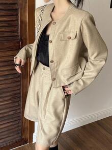 DAZY 2pcs Women Casual Solid Color Round Neck Long Sleeve Loose Jacket & Straight Leg Shorts Set, Autumn/Winter Lounge Sets For Women - Khaki - View 4