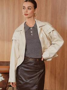 SHEIN Unity Avenne Elegant PU Leather Casual Solid Color Long Sleeve Button Women Jackets - Apricot - View 7