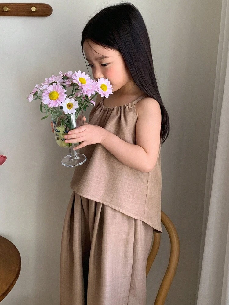 Young Girl Summer Solid Color Camisole And Wide Leg Pants Casual 2 Pieces Set Vacation