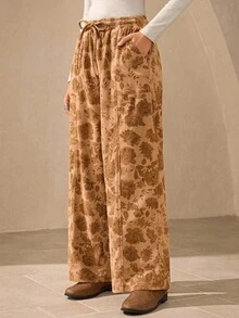 Wildy Vintage Straight Leg Casual Pants, American Western Country Style, New Arrival For Autumn Floral Print Pants Bohemian Pants Wide Leg Pants Corduroy Pants - Brown - View 2