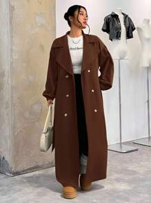 SHEIN EZwear Plus Size Plain Color Dual-Breasted Long Casual Trench Coat, Spring/Autumn Winter Fall
