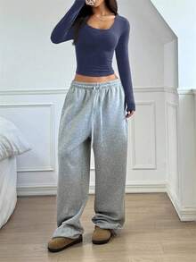 SHEIN EZwear 女式针织复合保暖内衬休闲海军蓝圆领长袖修身 T 恤，秋冬，秋季 - 藏蓝色 - 查看 4