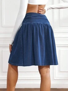 Flexra 女式休闲水洗褶皱牛仔迷你裙，夏季 - 藍色 - 查看 2