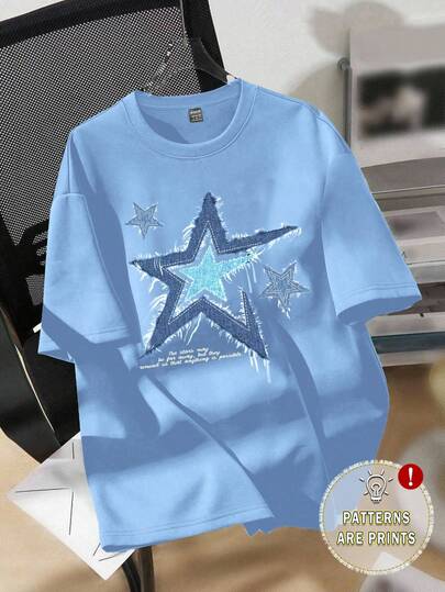 SHEIN EZwear Casual Loose Blue Five-Pointed Star Pattern Round Neck Short Sleeve T-Shirt For Women, Summer
