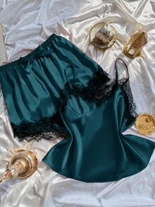SilkySpell Faux Silk Lace Trim Camisole And Shorts Pajama Set Lace Sleepwear Set Lace Pajama Set Satin Sleepwear Set Dark Green Lingerie Satin Pajama Set