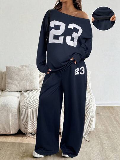 SHEIN 2pcs Maternity Casual Oblique Shoulder Numeric Pattern Top And Pants Set, Autumn Two Pieces Set Women Comfy 2 Pieces Lounge Sets Woman Sweatpants Women Set 2 Pieces Casual Sets Woman 2 Set Outfit Women