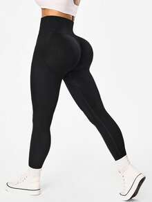 SHEIN Sports 女式纯色简约高腰纽扣紧身裤，女式无缝高腰紧身裤，收腹紧身裤，压缩紧身裤瑜伽裤 - 黑色 - 查看 2