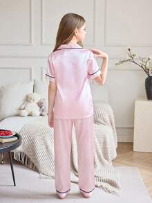 SHEIN 青少年女孩仿丝字母蝴蝶结提花开衫短袖上衣和裤子睡衣套装