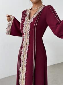 Rafferiza Women's Loose V-Neck Ruffle Long Sleeve Robe, Turkish Long Robe, Arabic Abaya Fall Cloth For Women - Burgundy - View 4