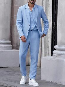 Manfinity Bizformal Men's Solid Color Business Commute Suit Set (Jacket & Pants) Light Blue Suit Men Men Summer Suits Casual Suits For Men Men Light Blue Blazer