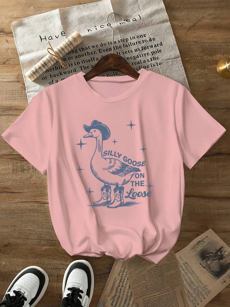 INAWLY EZwear Women Swan Print Short Sleeve Crew Neck T-Shirt Graphic Tees Women Tops - Pink - View 1