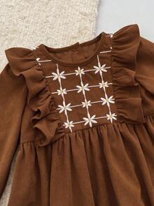 Loomiva Baby Girl Floral Print Ruffle Collar Long Sleeve Cinched Waist Dress, Thickened For Winter - Rust Brown - View 5