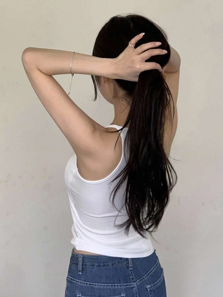 Hong Kong Style U-Neck Spaghetti Strap Camisole, Fitted Sleeveless Crop Top For Women