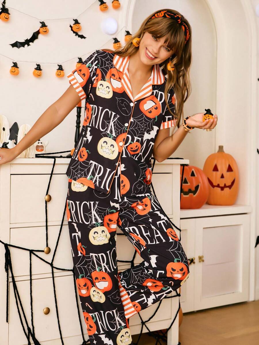 Chillnights Halloween Pumpkin & Bat Print Lapel Collar Sleepwear Set For Women Halloween Pajamas Women Fall Pajamas Women Cute Pajama Set For Women Halloween Pajama Set Women Women Halloween Pajamas - Multicolor - View 1