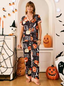 Chillnights Halloween Pumpkin & Bat Print Lapel Collar Sleepwear Set For Women Halloween Pajamas Women Fall Pajamas Women Cute Pajama Set For Women Halloween Pajama Set Women Women Halloween Pajamas - Multicolor - View 4