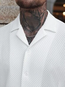 Manfinity Homme 男士泡泡格提花短袖衬衫 + 抽绳松紧腰裤套装，男士休闲约会度假派对居家出游百搭款式，送给男朋友或丈夫的最佳礼物 - 白色 - 查看 4