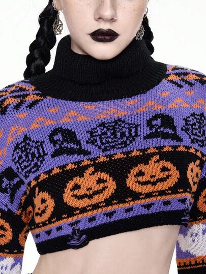 Goth Halloween Pumpkin Pattern Drop Shoulder Flare Sleeve Cropped Sweater For Women, Autumn