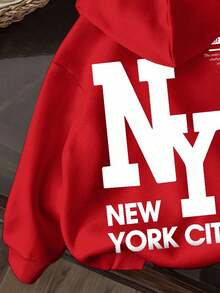 男童休闲简约纽约卡通图案宽松长袖卫衣，适合秋冬季节穿着。 - 紅色 - 查看 4