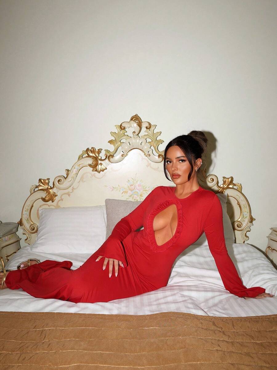 SHEIN SXY 红色长袖性感镂空荷叶边下摆连衣裙 - 紅色 - 查看 1