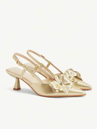 CUCCOO CHICEST أحذية كعب عالي نسائية بتصميم أنيق مزينة بزهرة الأيريس ثلاثية الأبعاد، كعب رفيع، جلد اصطناعي ذهبي، مناسبة للمناسبات الرومانسية والأعياد كالهالوين والشكر وعيد الميلاد